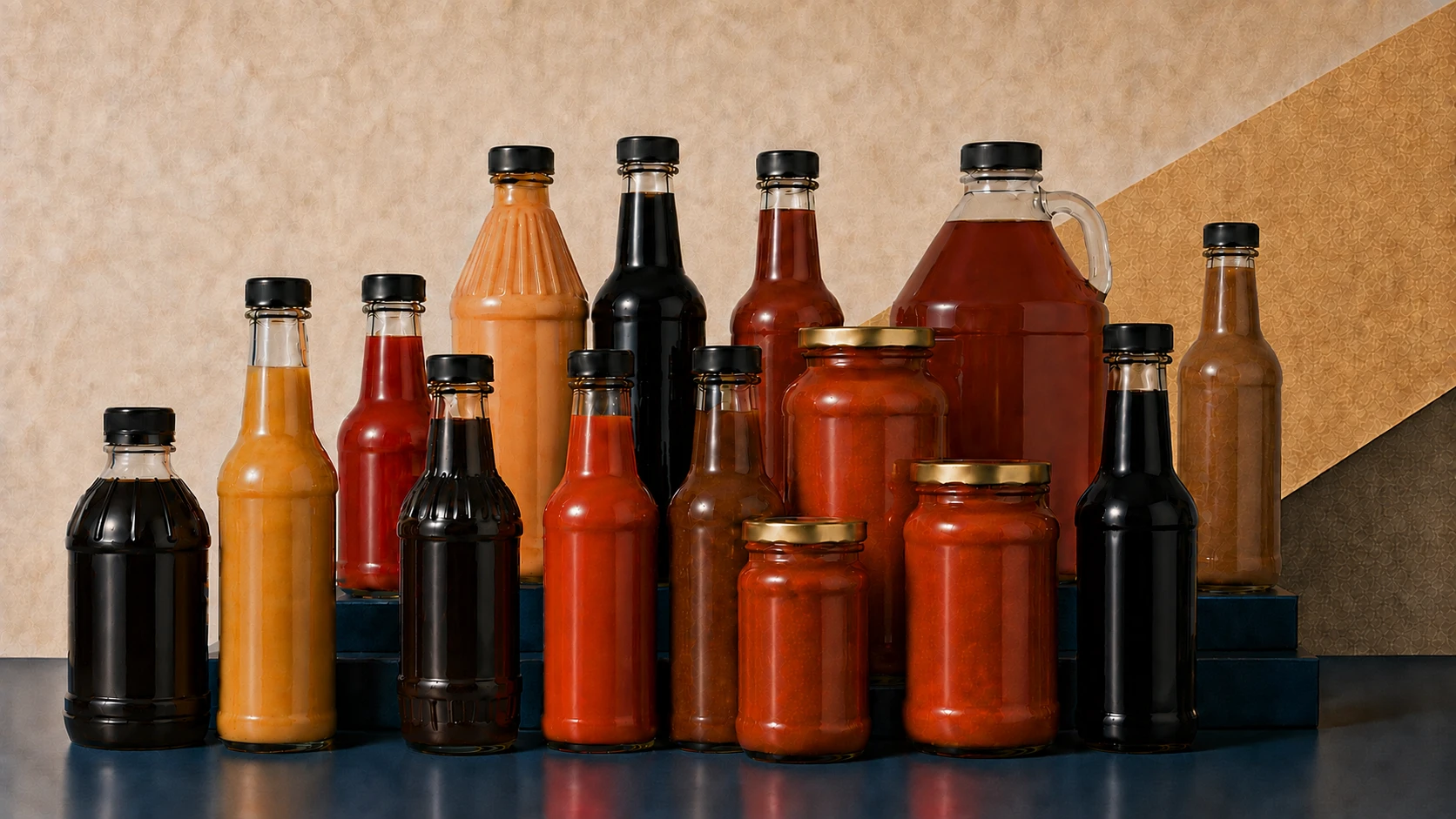 A tiered display of sauce bottles, marinade bottles, jars, and a gallon cooking-wine jug